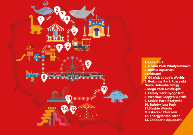 Mapa Polski z określonymi miejscowo atrakcjami na Dzień Dziecka